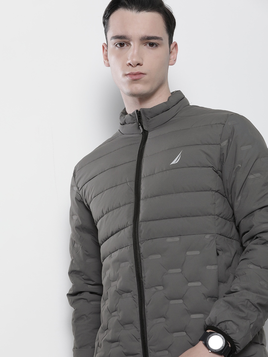 Nautica Men Self Design Mock-Collar Padded Jacket, Grey