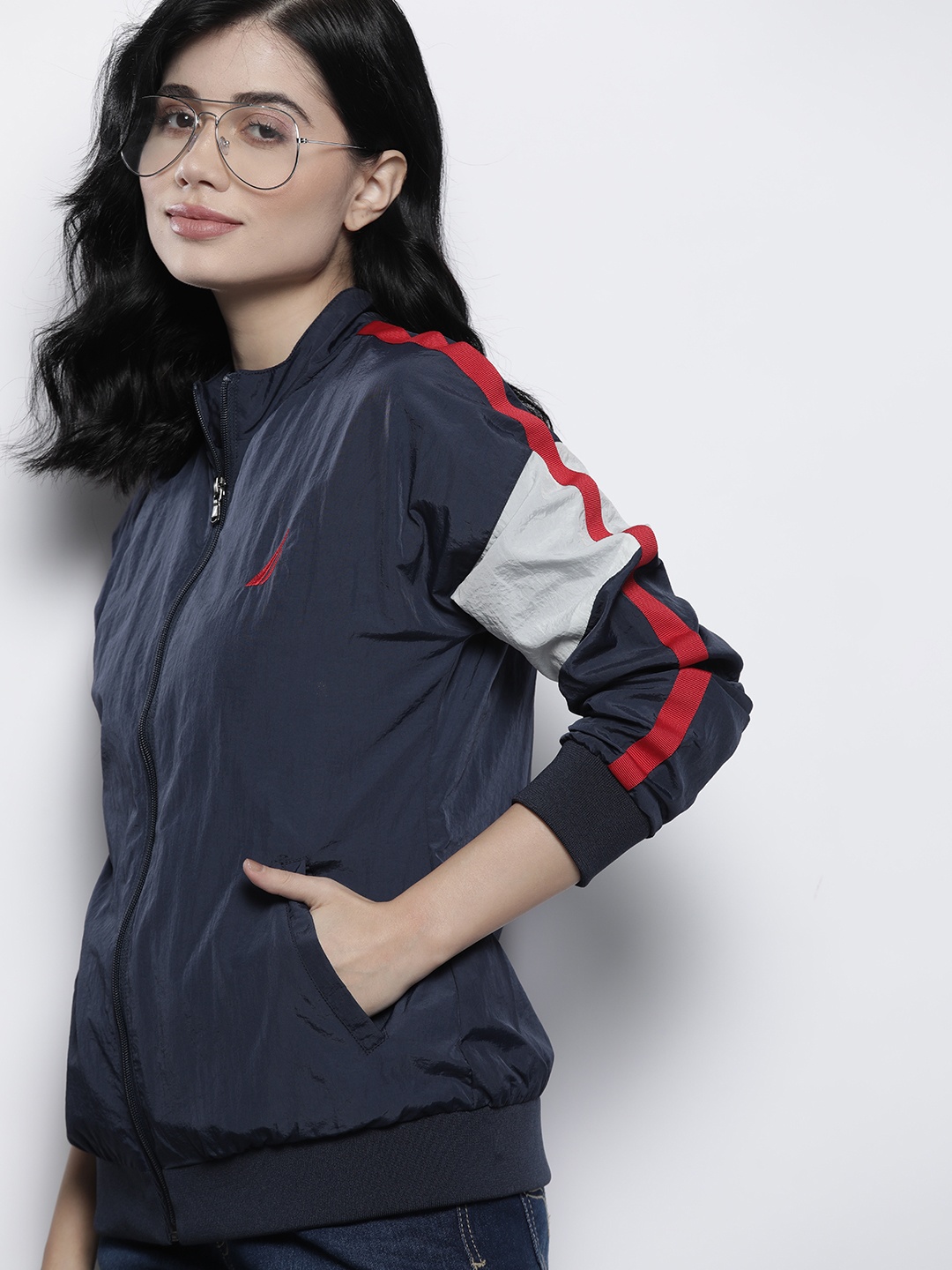 

Nautica Women Navy Blue Solid Bomber Jacket