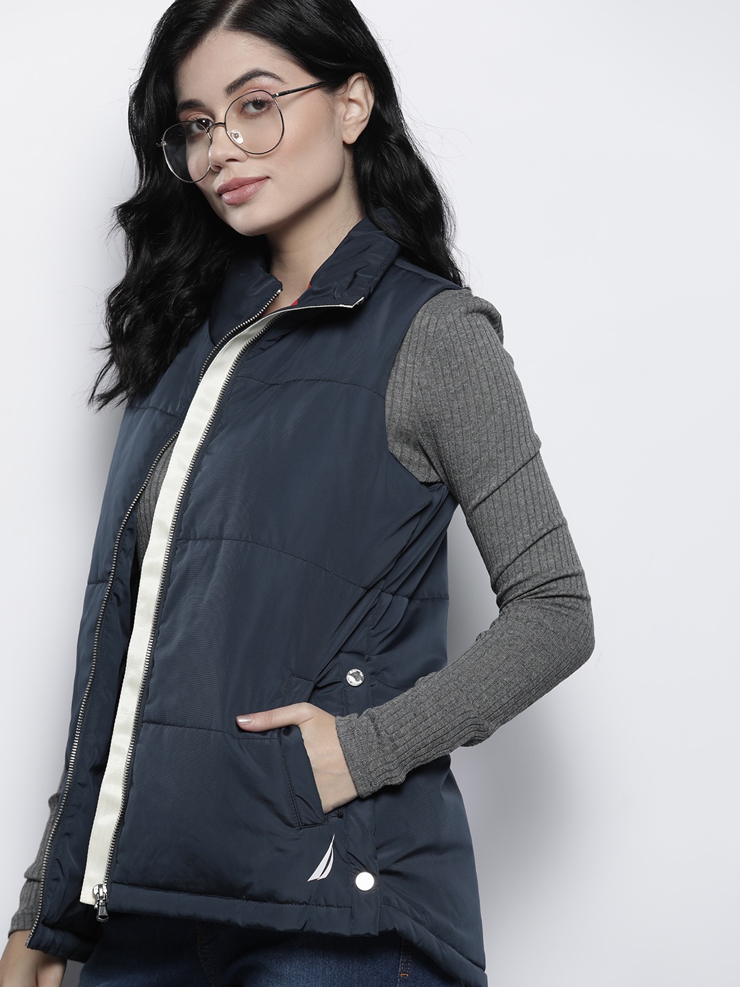 

Nautica Women Navy Blue Solid Padded Jacket