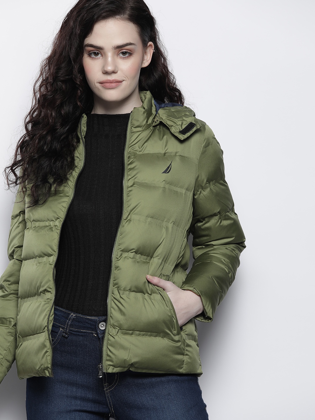 

Nautica Women Olive Green Solid Padded Jacket