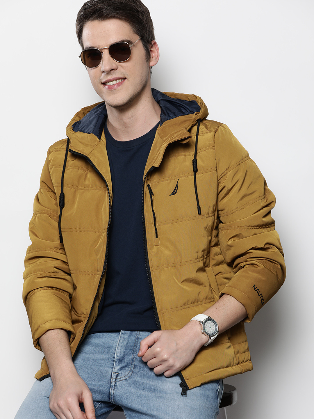 

Nautica Men Tan Brown Solid Padded Jacket