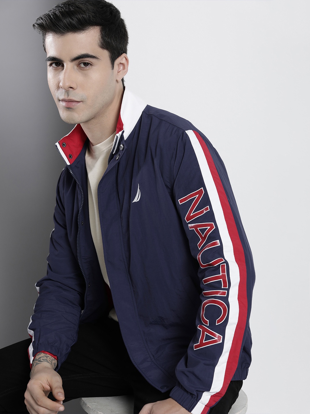 

Nautica Men Navy Blue Brand Logo Sporty Jacket