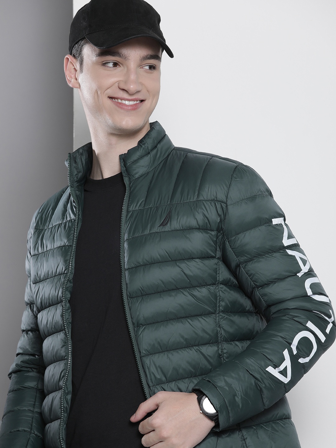 

Nautica Men Brand Logo Printed Puffer Jacket, Olive