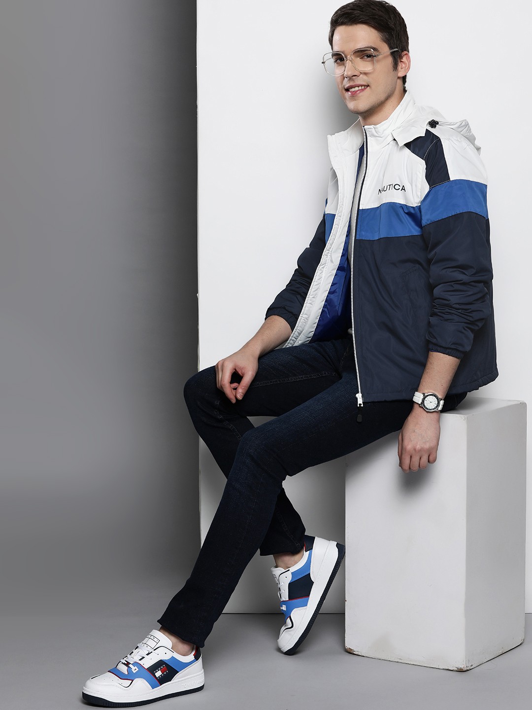 

Nautica Men Navy Blue & White Striped Padded Jacket