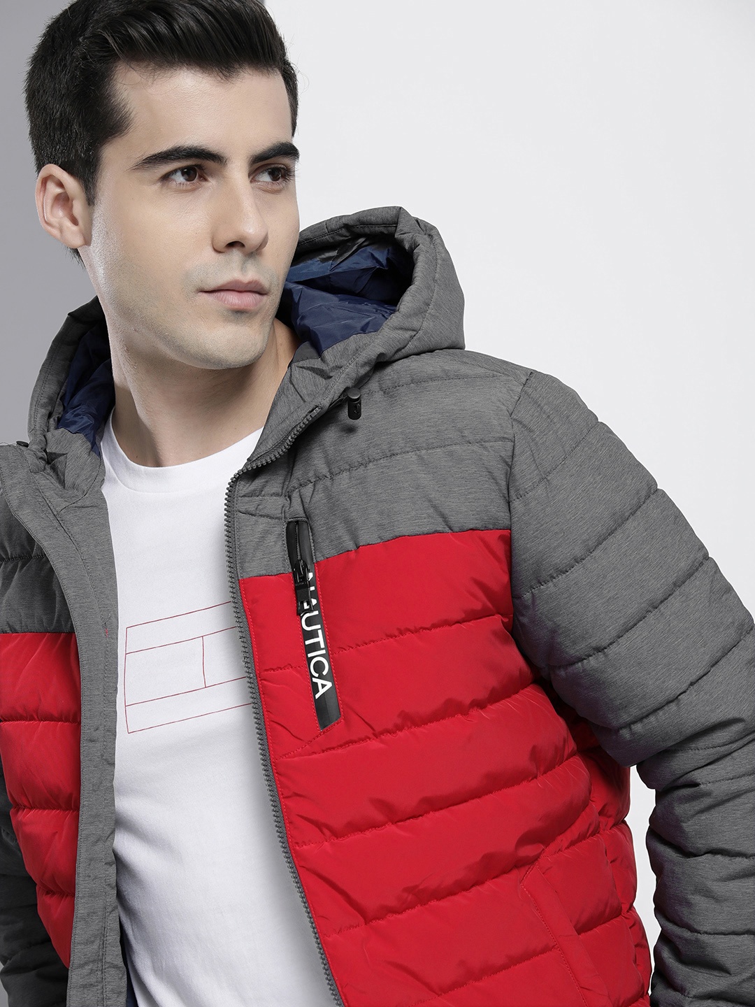 

Nautica Men Grey Melange & Red Colourblocked Padded Jacket