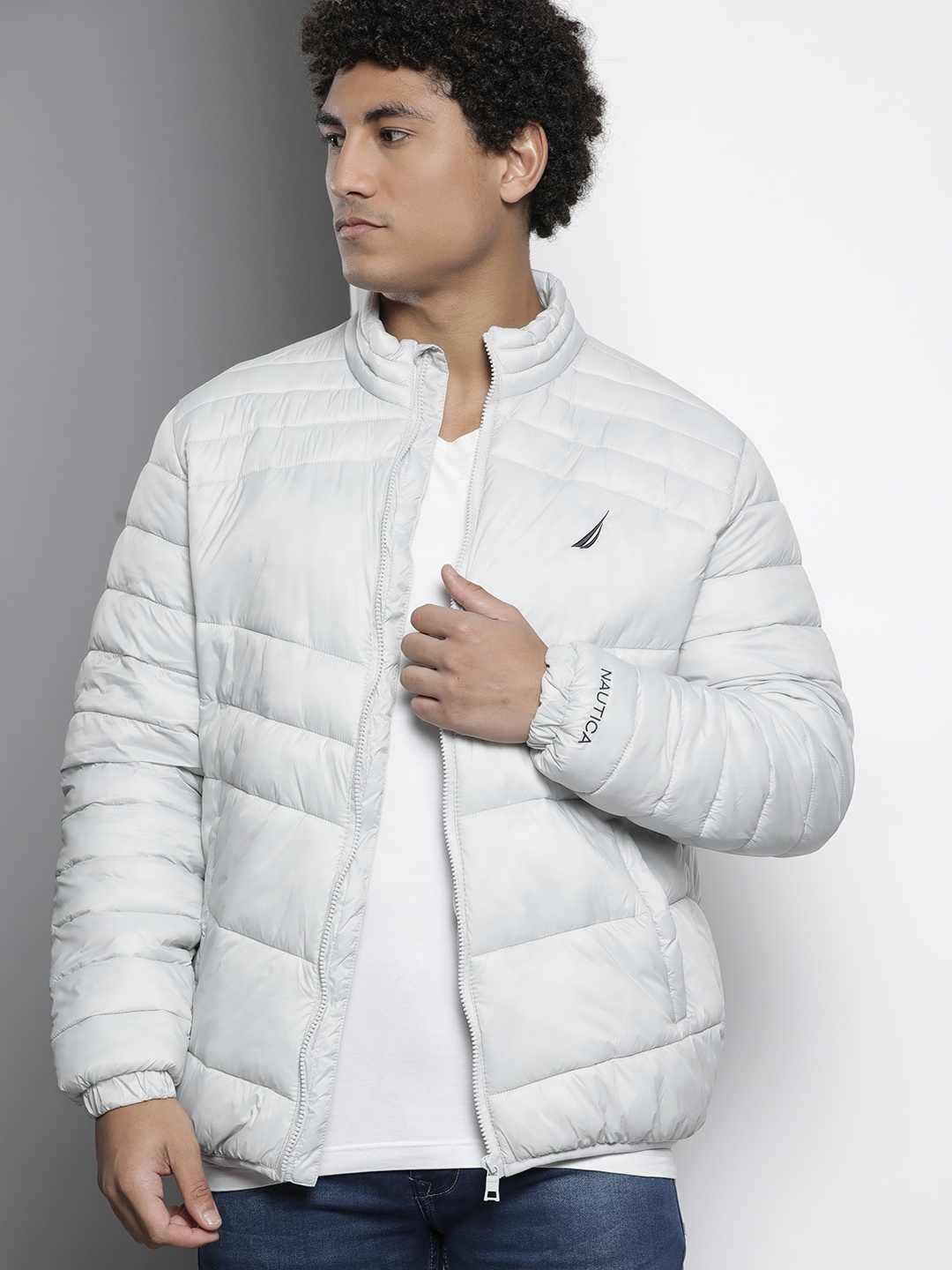 

Nautica Men Light Grey Solid Padded Jacket