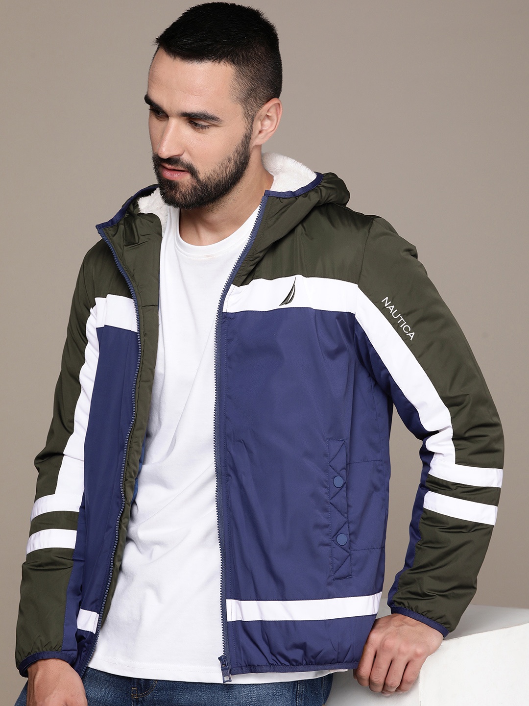 

Nautica Men Navy Blue & Olive Green Colourblocked Hooded Padded Jacket