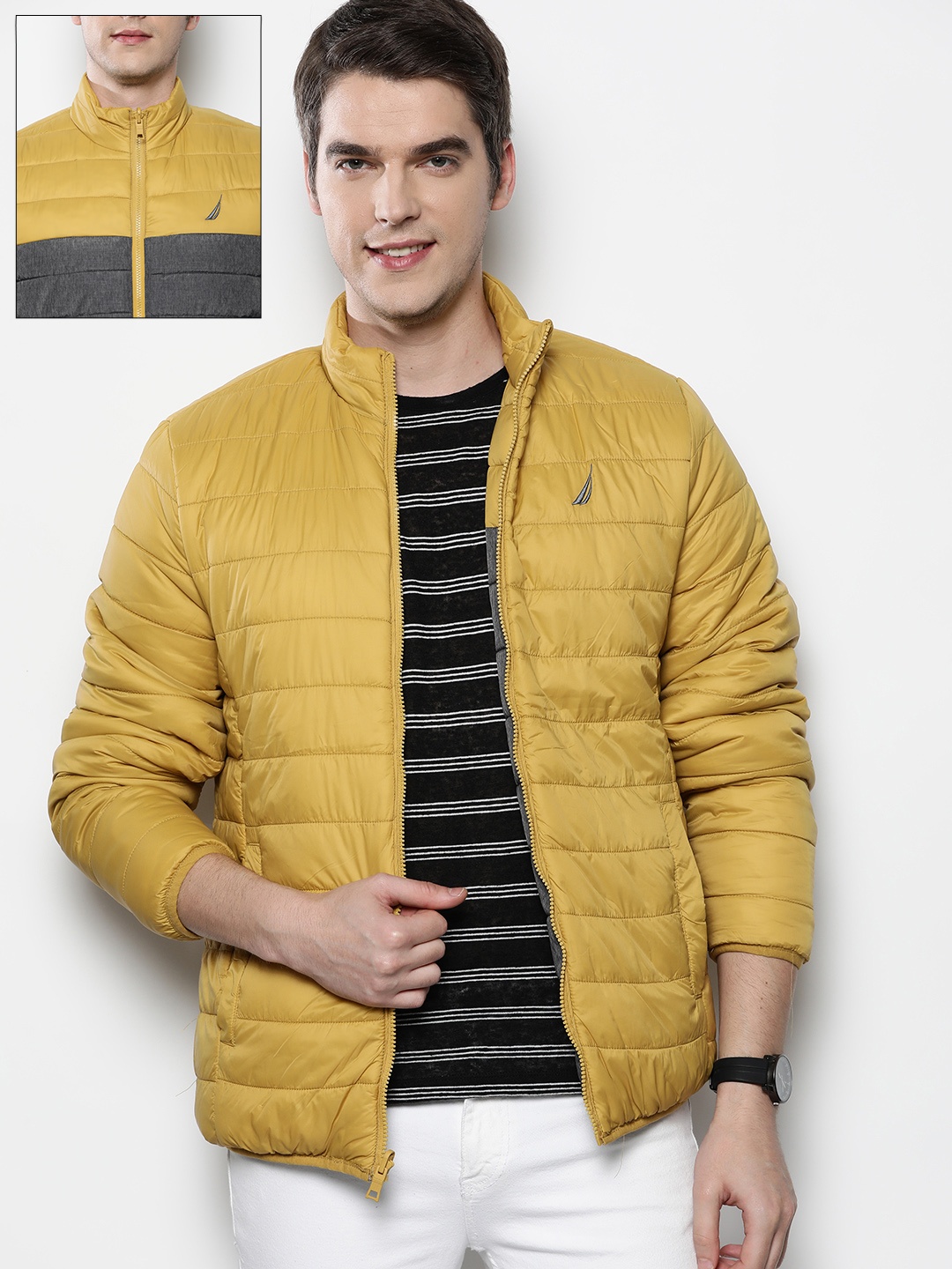 

Nautica Men Mustard Yellow & Grey Solid Reversible Padded Jacket