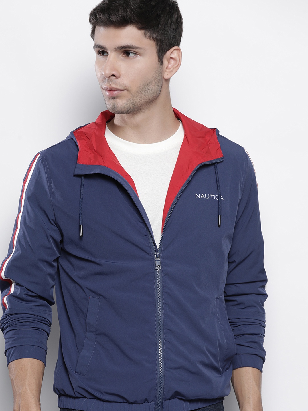 

Nautica Men Navy Blue Solid Hooded Tailored Jacket