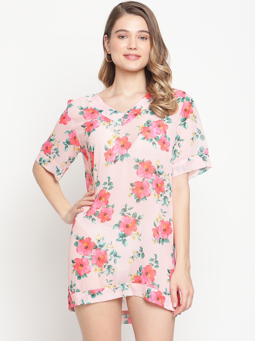 

EROTISSCH Women Pink Floral Printed Beachwear Cover-Up Dress