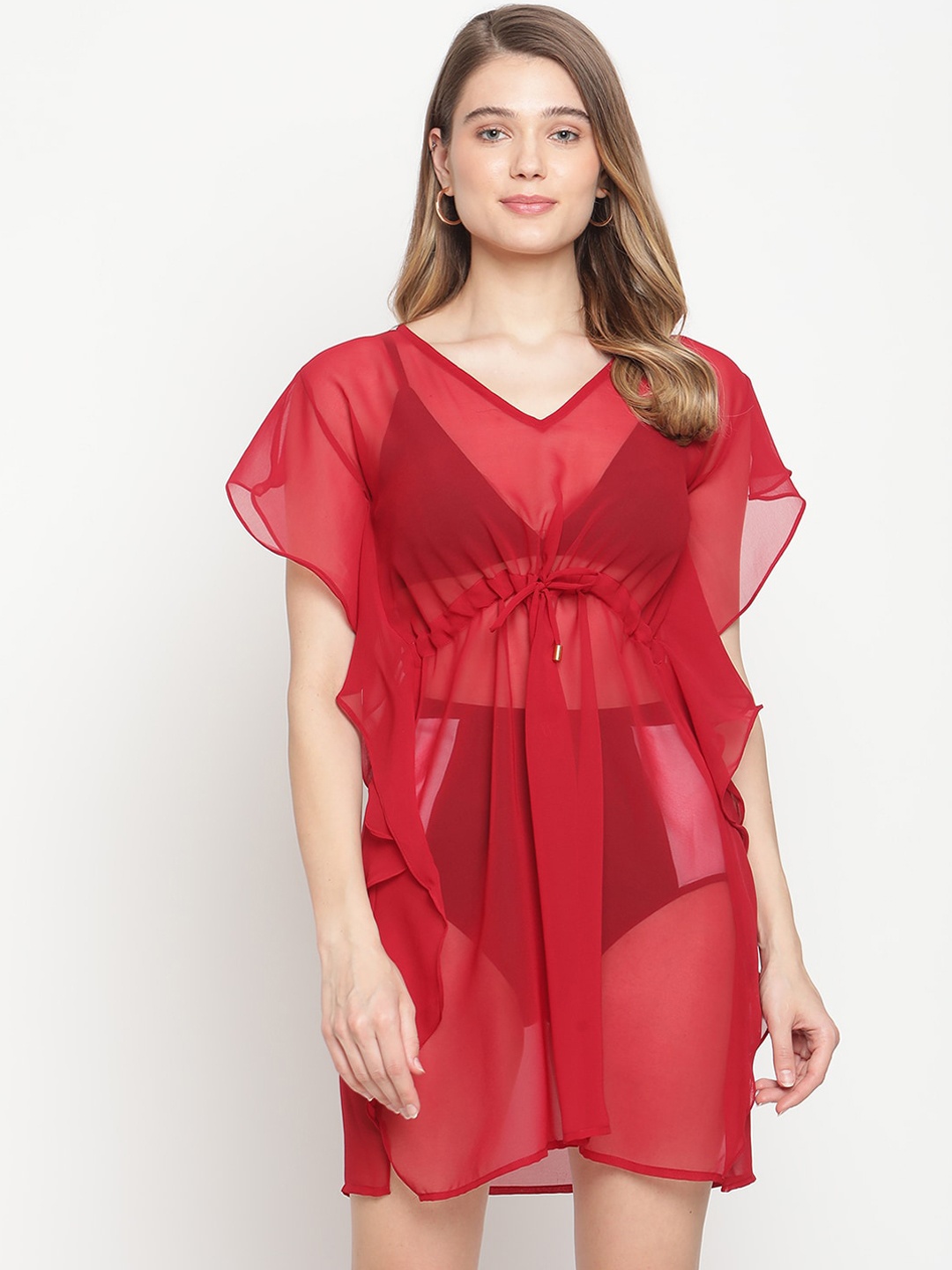 

EROTISSCH Women Red Solid Swimwear Cover Up Kaftan Dress