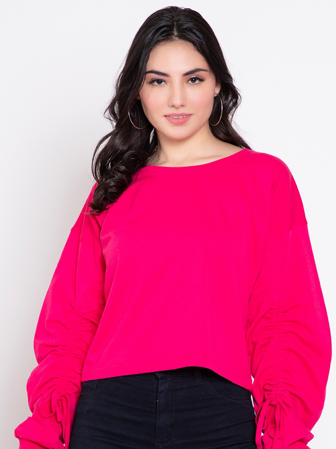 

FEMEA Pink Drop Shoulder Ruched Sleeves Top