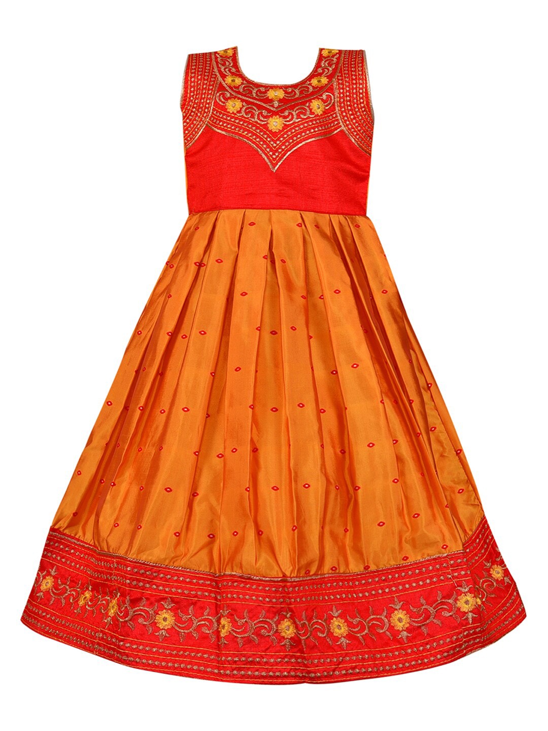 

Wish Karo Red & Orange Floral Embroidered Satin Ethnic Maxi Dress