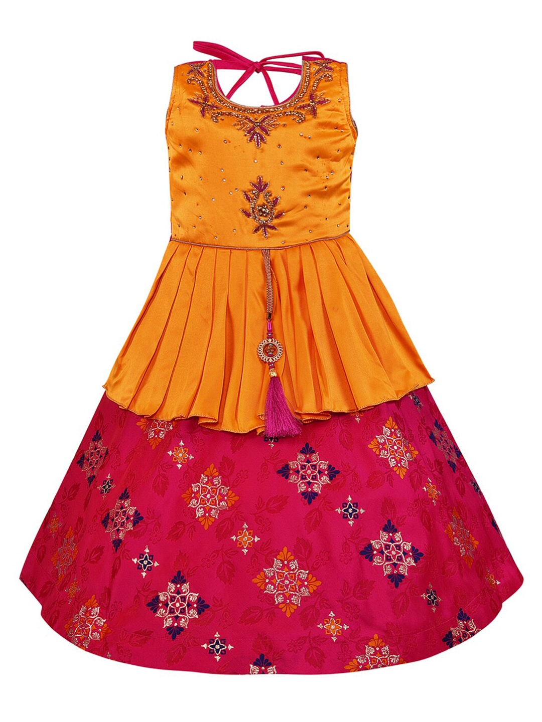 

Wish Karo Yellow & Red Floral Satin Dress