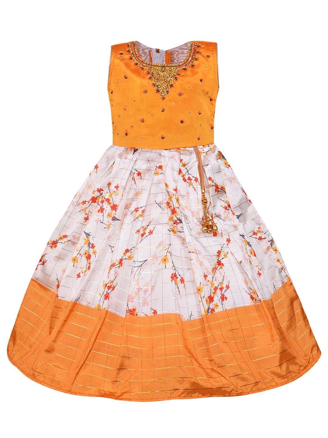 

Wish Karo Girls Yellow & White Floral Printed Fit & Flare Satin Dress