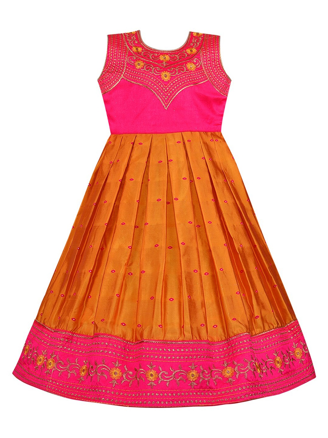 

Wish Karo Pink & Mustard Yellow Colourblocked Satin Ethnic Maxi Dress