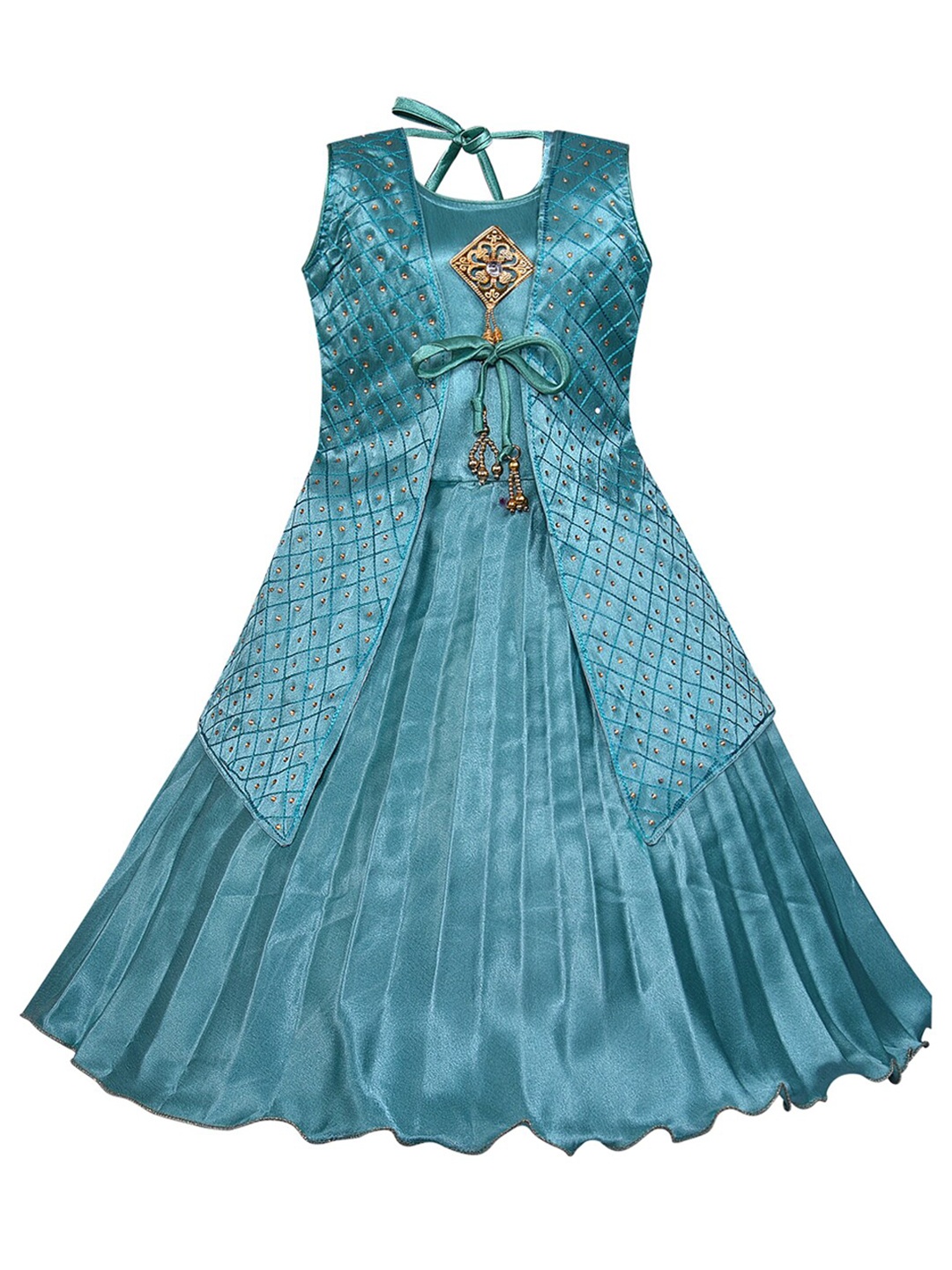 

Wish Karo Blue & Gold-Toned Embellished Layered Satin Ethnic Maxi Dress