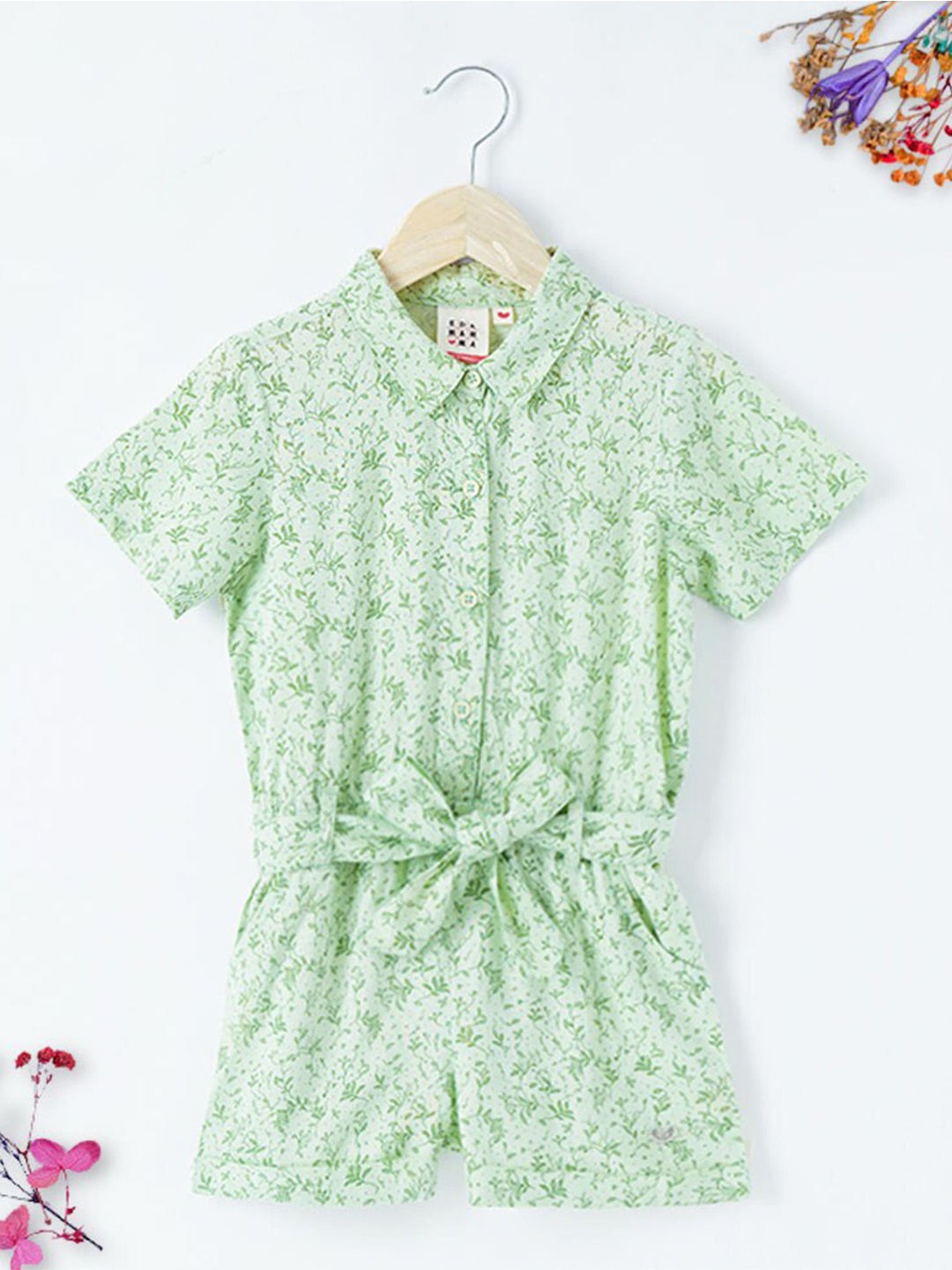 

Ed-a-Mamma Girls Green Printed Playsuit