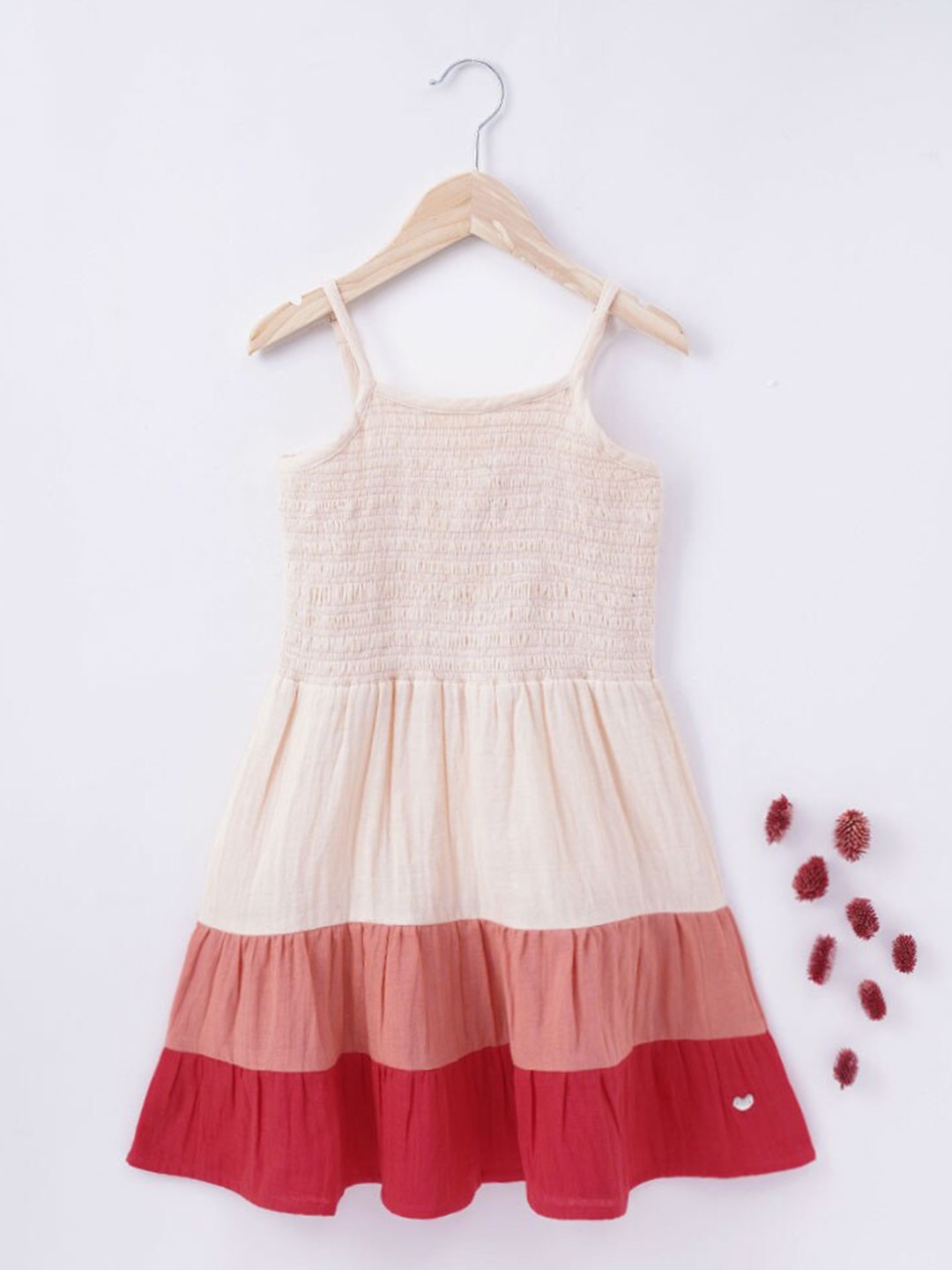 

Ed-a-Mamma Girls Pink & Peach-Coloured Smocked Tiered Cotton Sustainable Fit & Flare Dress