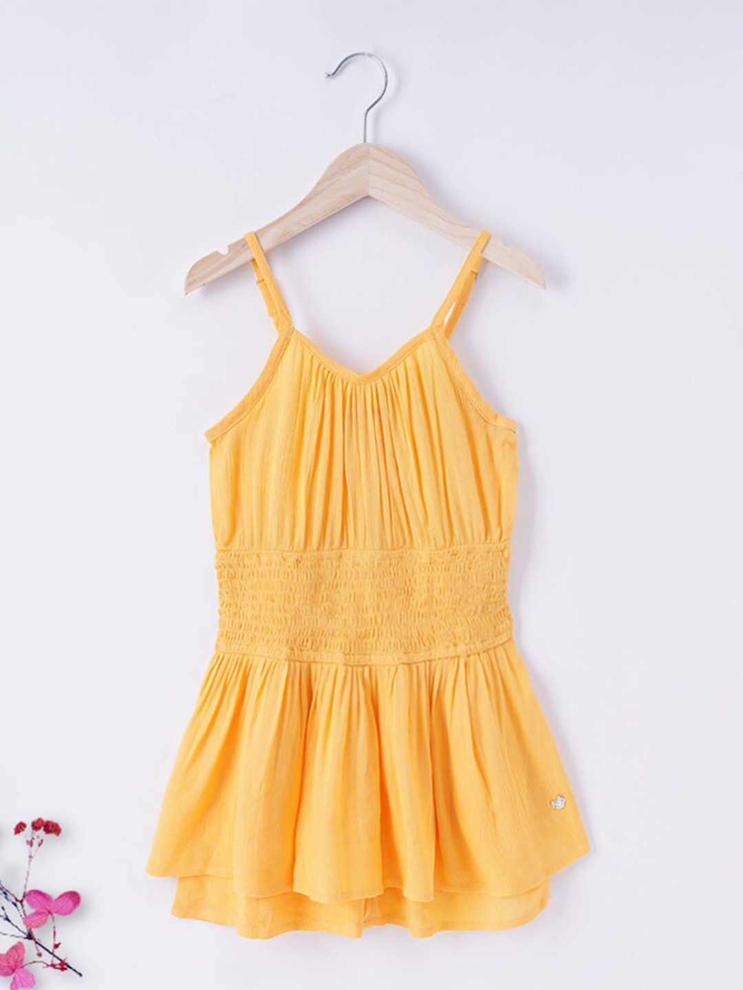 

Ed-a-Mamma Girls Mustard Yellow Smocked Layered Sustainable Cotton Playsuit