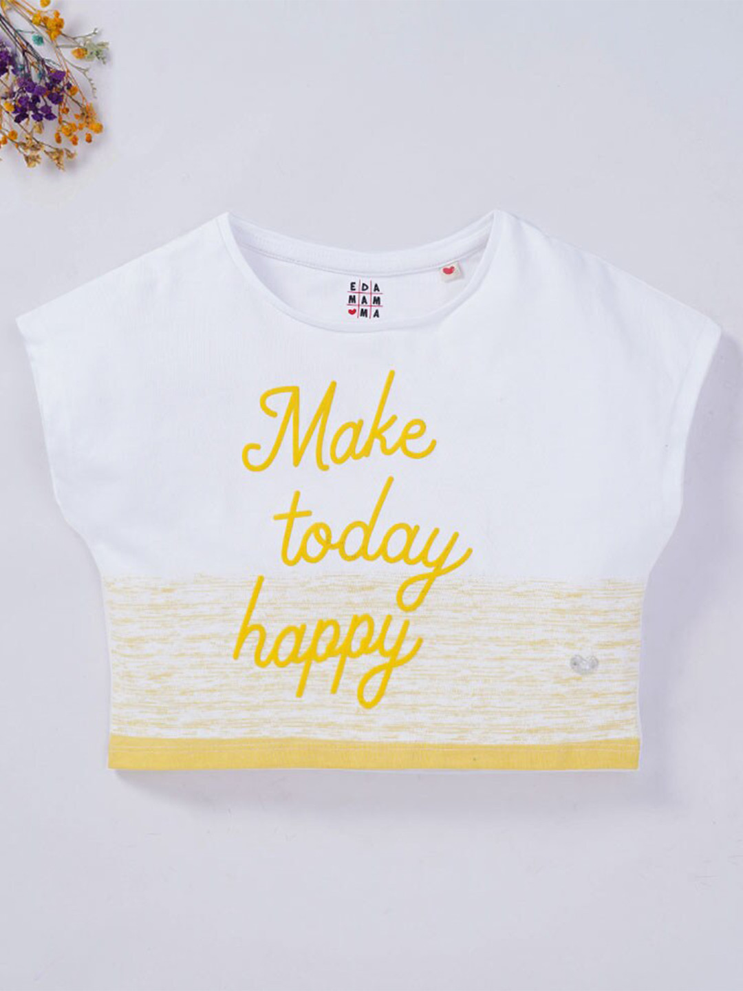 

Ed-a-Mamma Girls White & Yellow Typography Printed Crop T-shirt