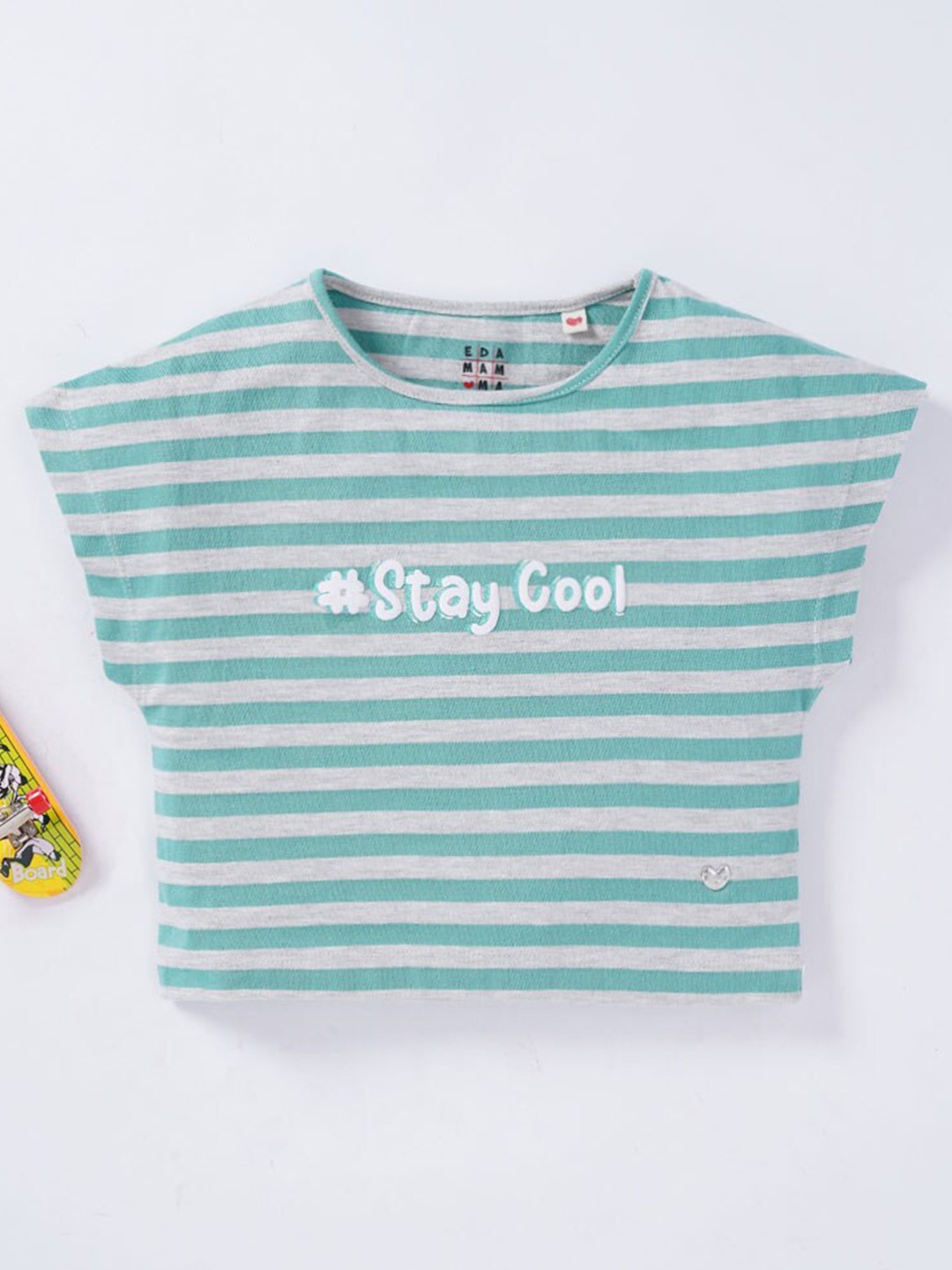 

Ed-a-Mamma Girls Turquoise Blue & White Striped Extended Sleeves Cotton T-shirt