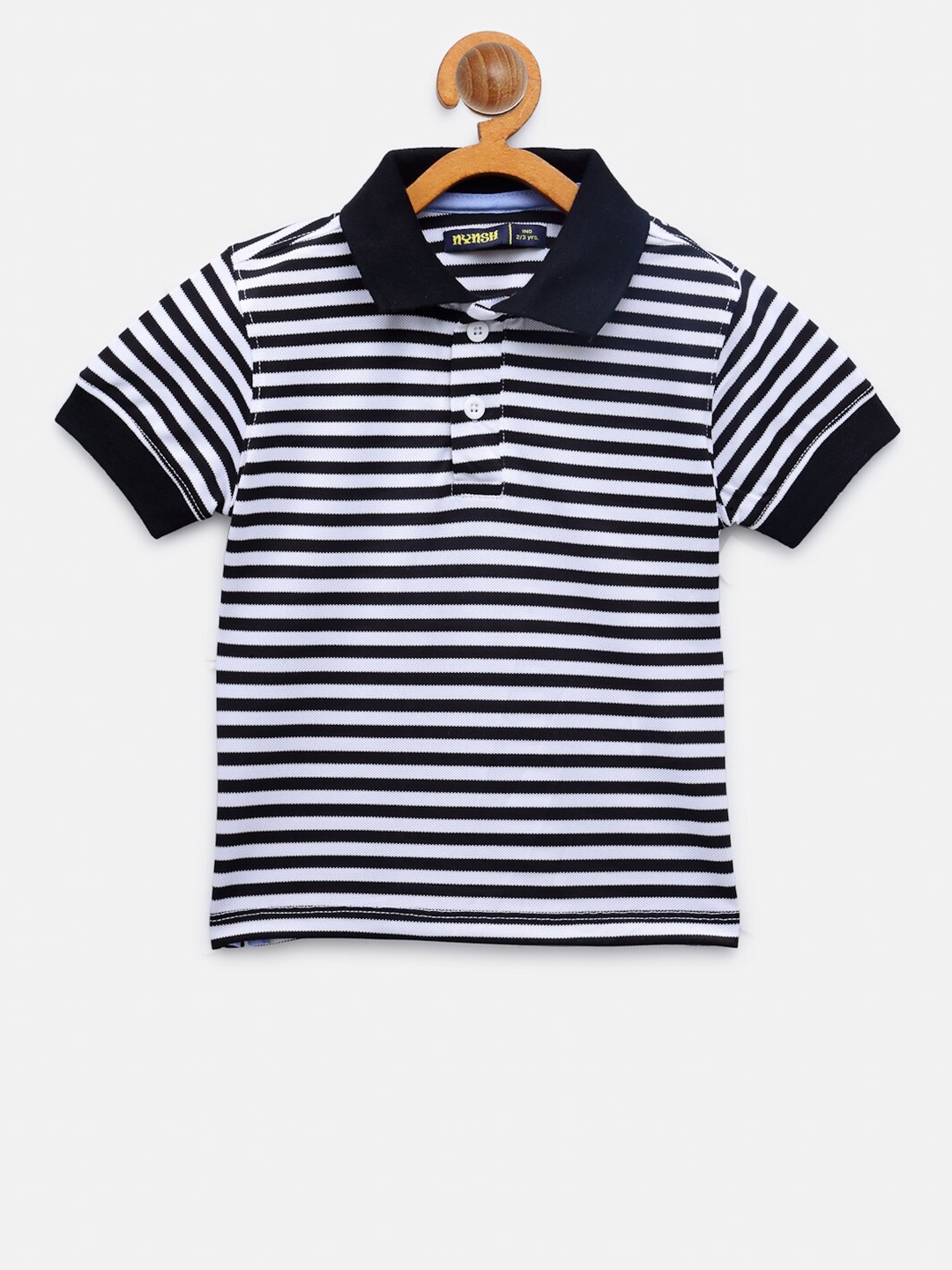 

NYNSH Boys White & Navy Blue Striped Polo Collar Regular Fit Cotton T-shirt