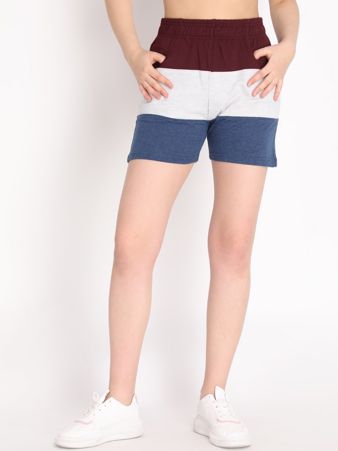 

CHKOKKO Women Blue Striped High-Rise Outdoor Shorts