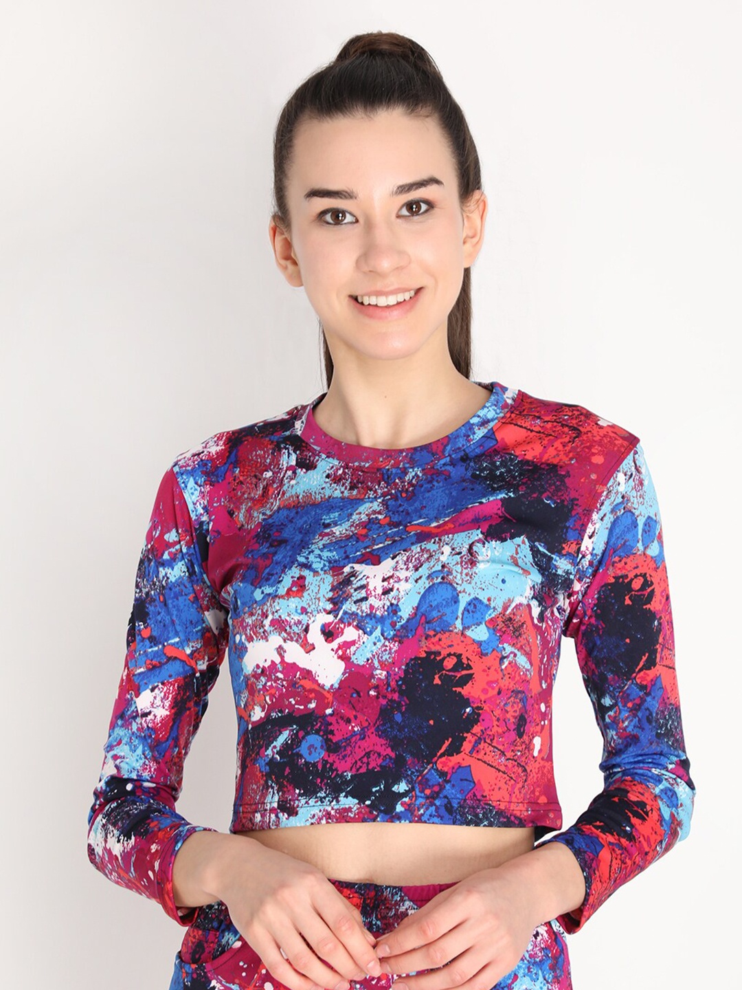 

CHKOKKO Women Blue & Fuchsia Pink Printed Crop Top