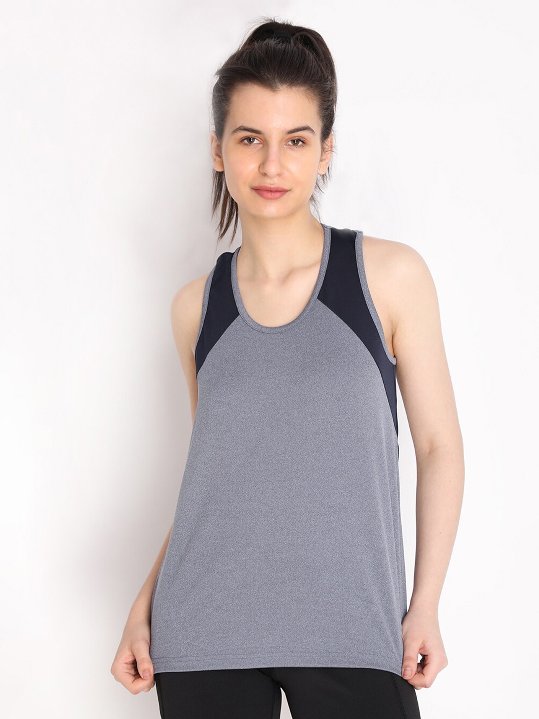 

CHKOKKO Women Blue & Grey Colourblocked Active Wear Sports Tank Top