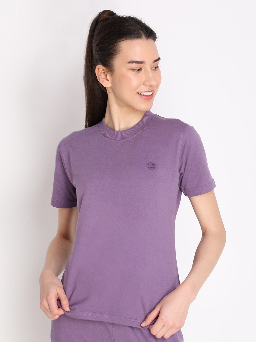 

CHKOKKO Women Purple Solid Cotton Outdoor T-shirt