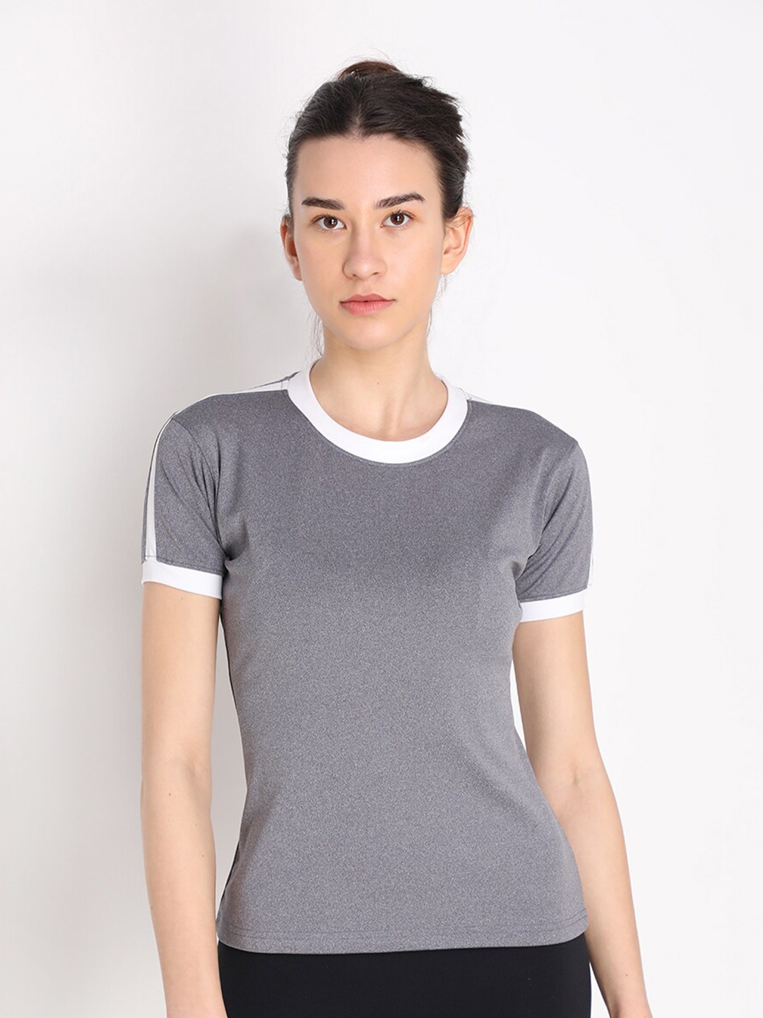 

CHKOKKO Women Grey Regular Fit Sports T-shirt