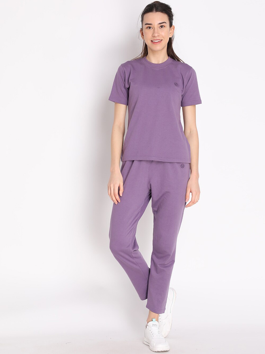 

CHKOKKO Women Purple Solid T-Shirt & Joggers