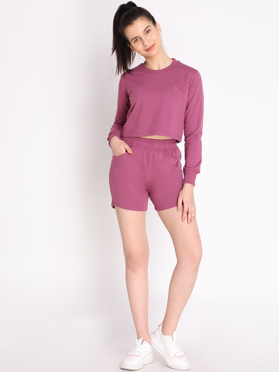 

Chkokko Women Onion Pink Solid Sweatshirt with Shorts