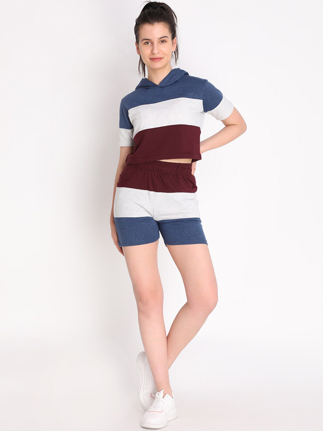 

Chkokko Women Blue & Maroon Striped Cropped Hooded T-shirt with Shorts