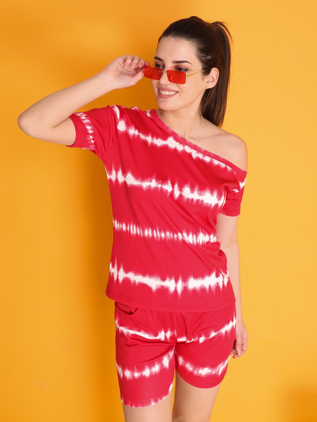 

Chkokko Women Red Tie & Die Printed Off Shoulder Top With Shorts Set