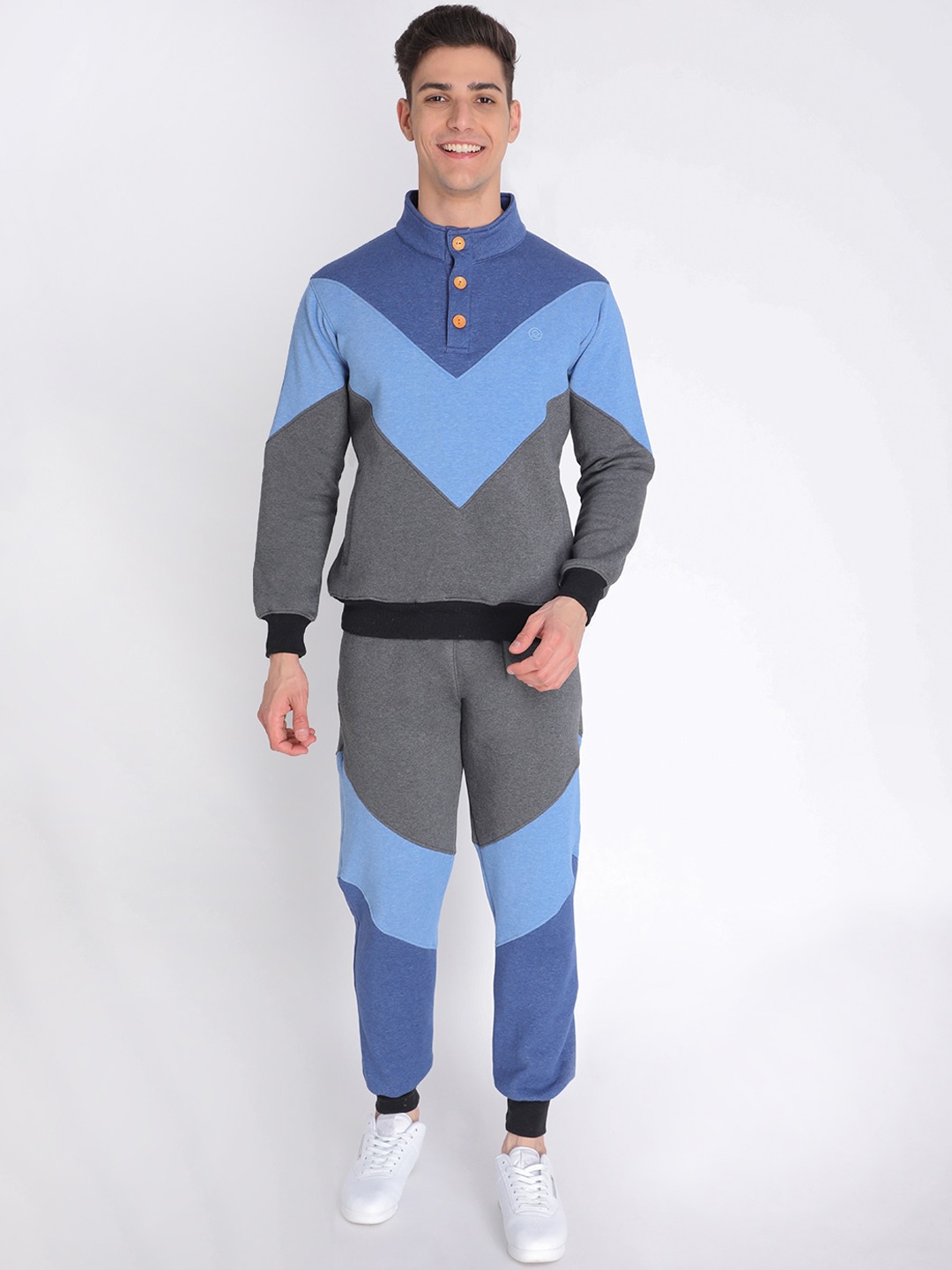 

Chkokko Men Blue & Grey Colourblocked Cotton Fleece Winter Sports Tracksuits