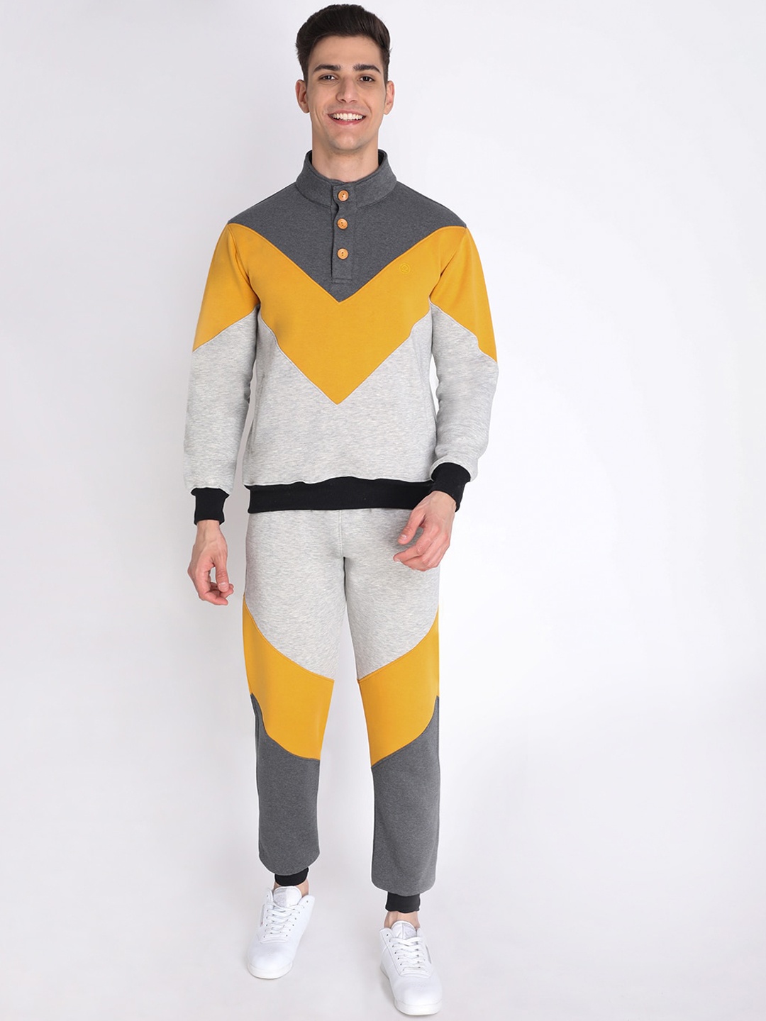 

Chkokko Men Yellow & Grey Colourblocked Cotton Tracksuits