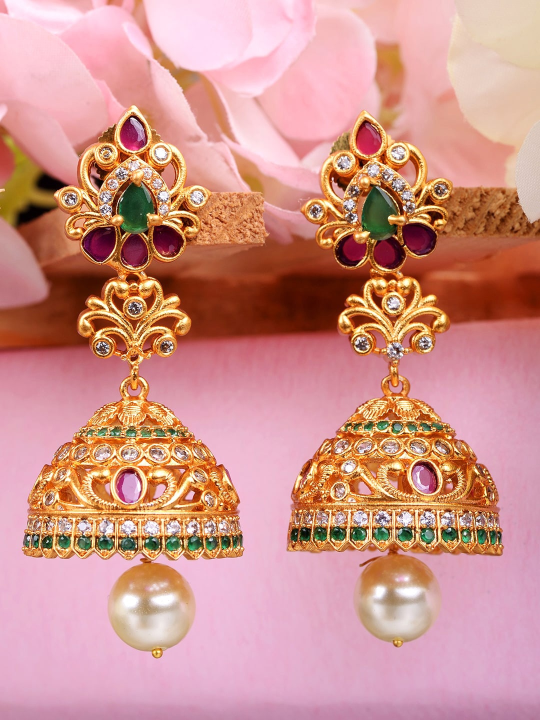 

Saraf RS Jewellery Gold-Plated & Red Dome Shaped Jhumkas Earrings