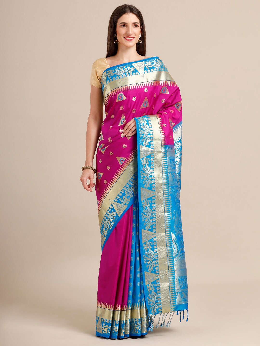 

SAMITTE Magenta & Blue Zari Art Silk Heavy Work Kanjeevaram Saree