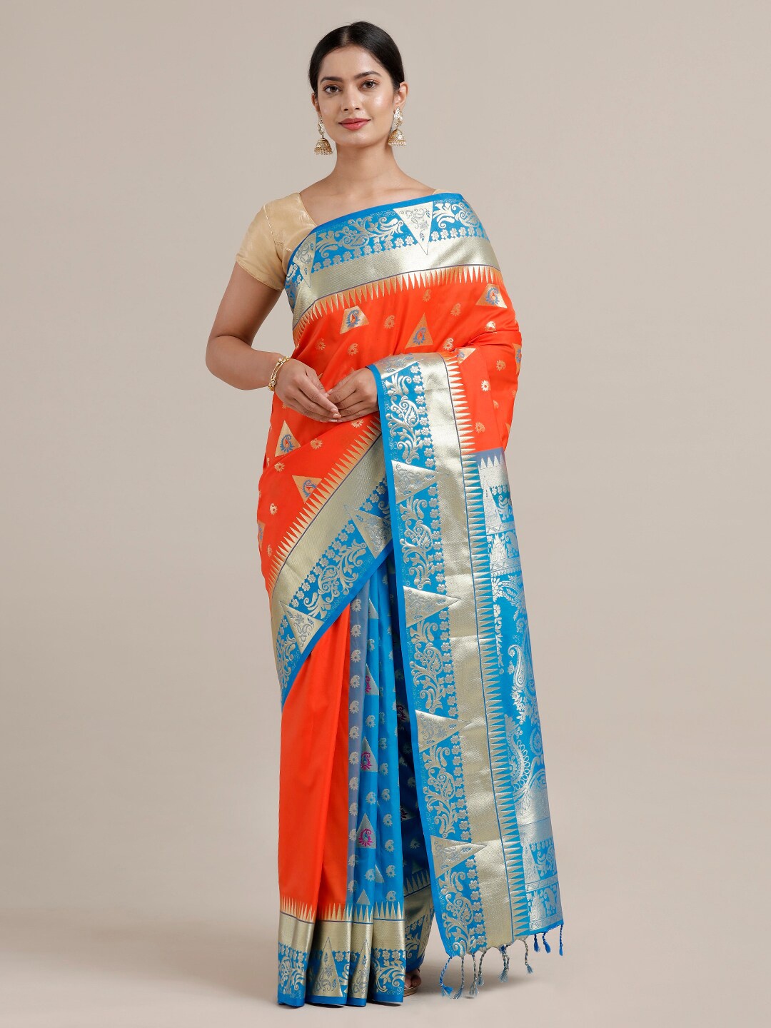 

SAMITTE Orange & Blue Zari Art Silk Kanjeevaram Saree