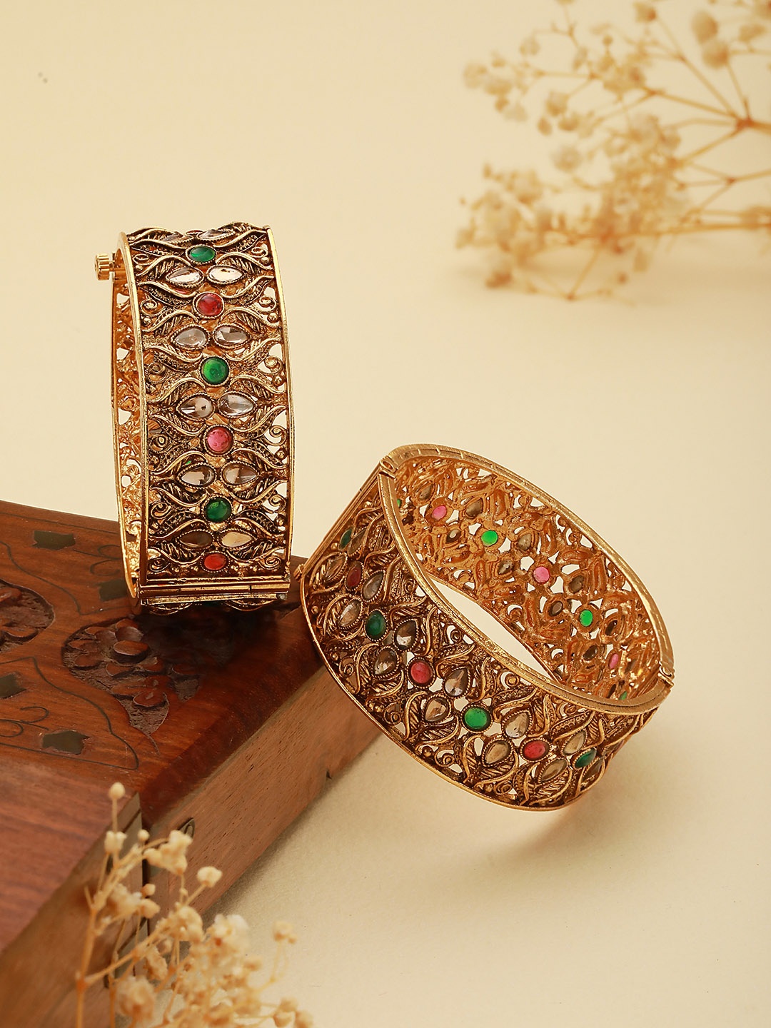 

Saraf RS Jewellery Set Of 2 Gold-Plated & Stone Studded Bangles