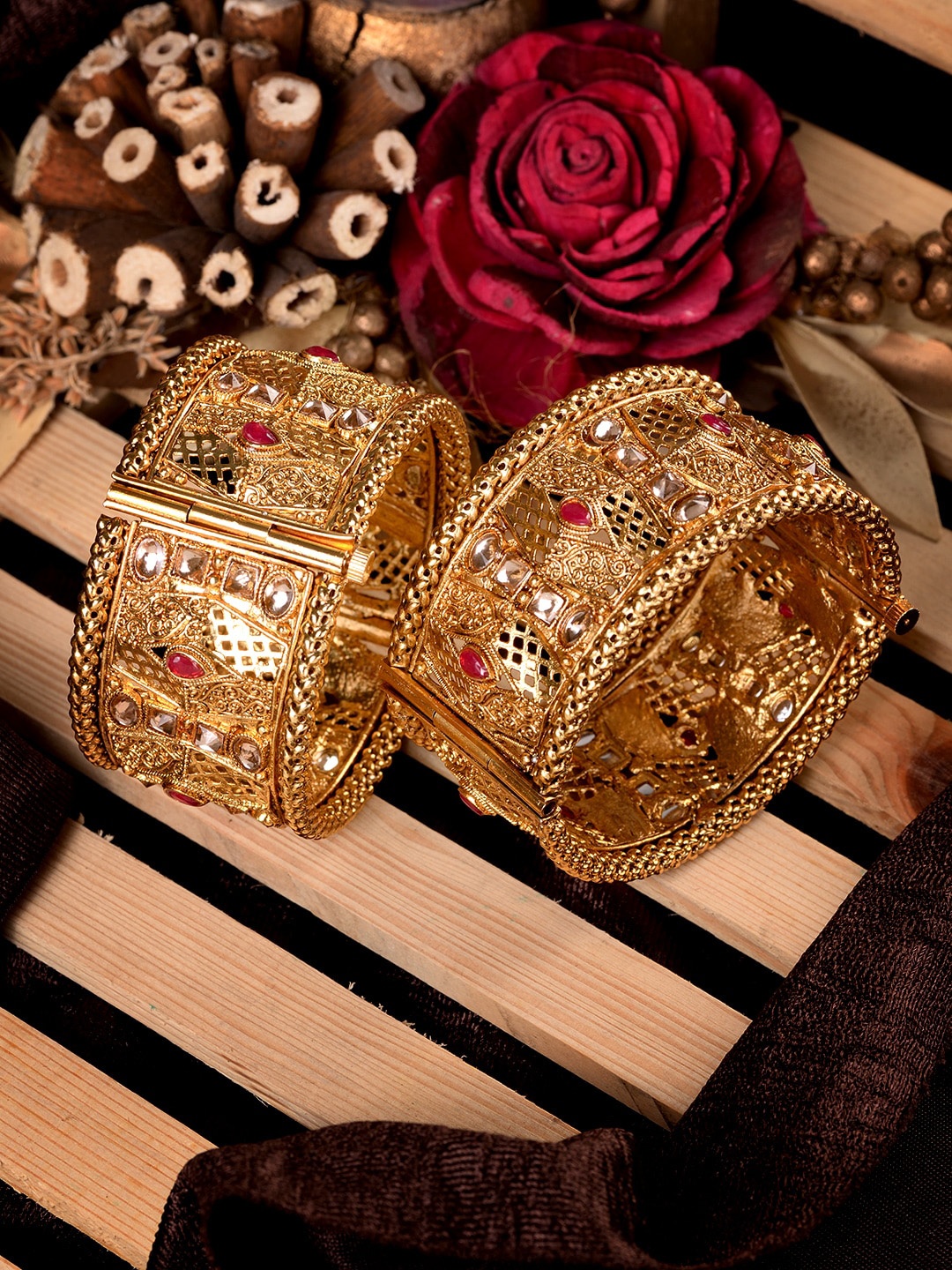 

Saraf RS Jewellery Set Of 2 Gold-Plated White Stone Studded Bangles