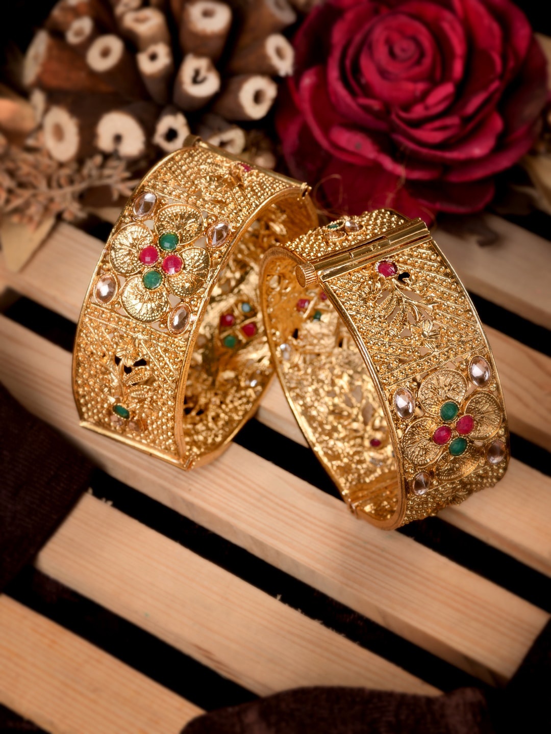 

Saraf RS Jewellery Set Of 2 Gold-Plated Stone-Studded Bangles