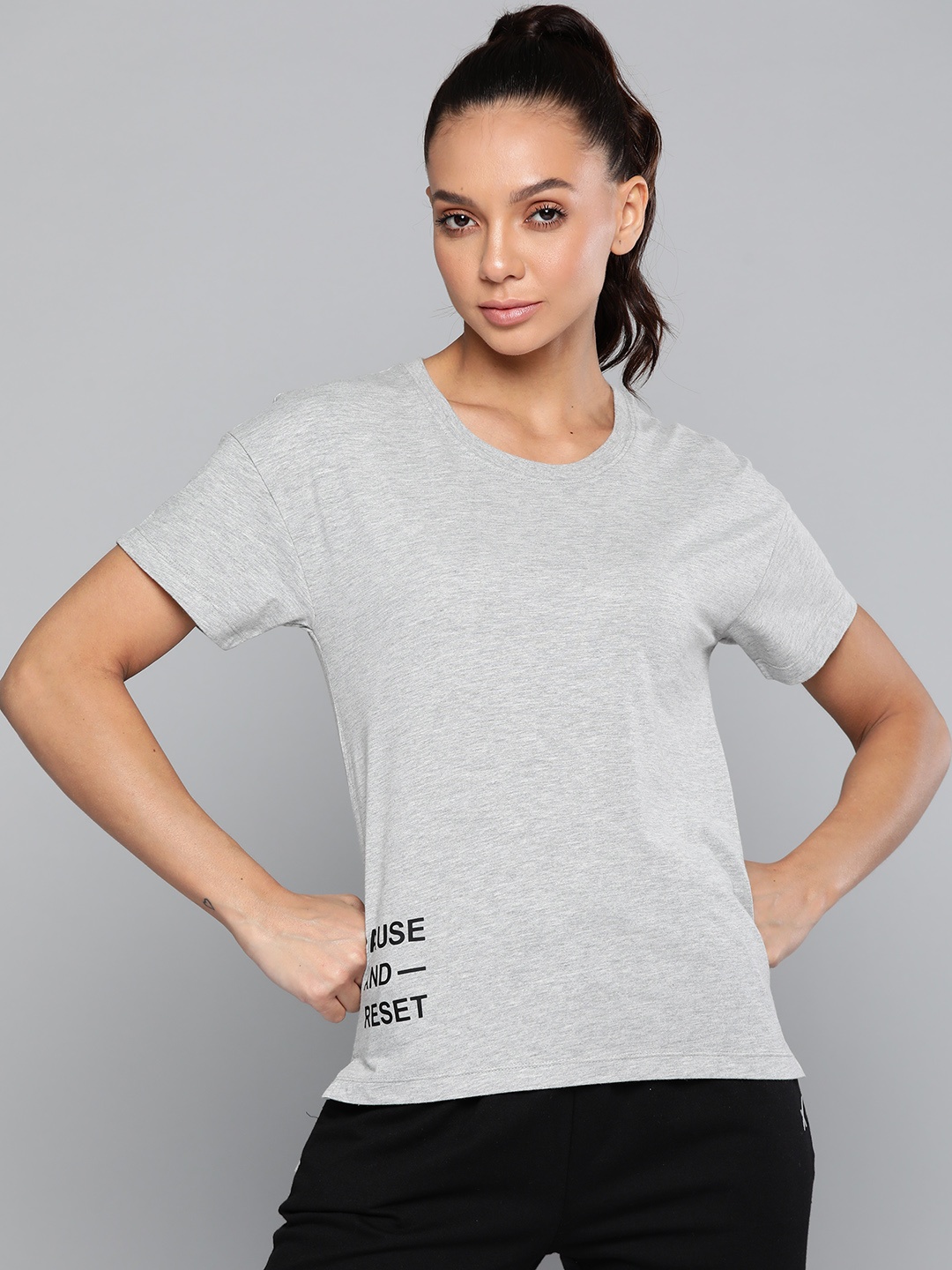 

Alcis Women Grey Melange Typography Printed Slim Fit T-shirt