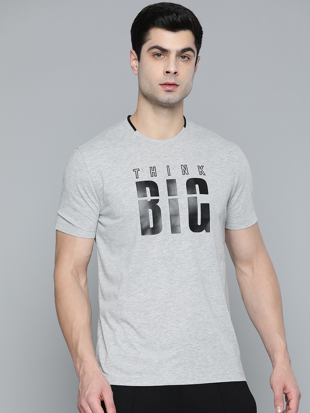 

Alcis Men Grey Melange & Black Typography Printed T-shirt