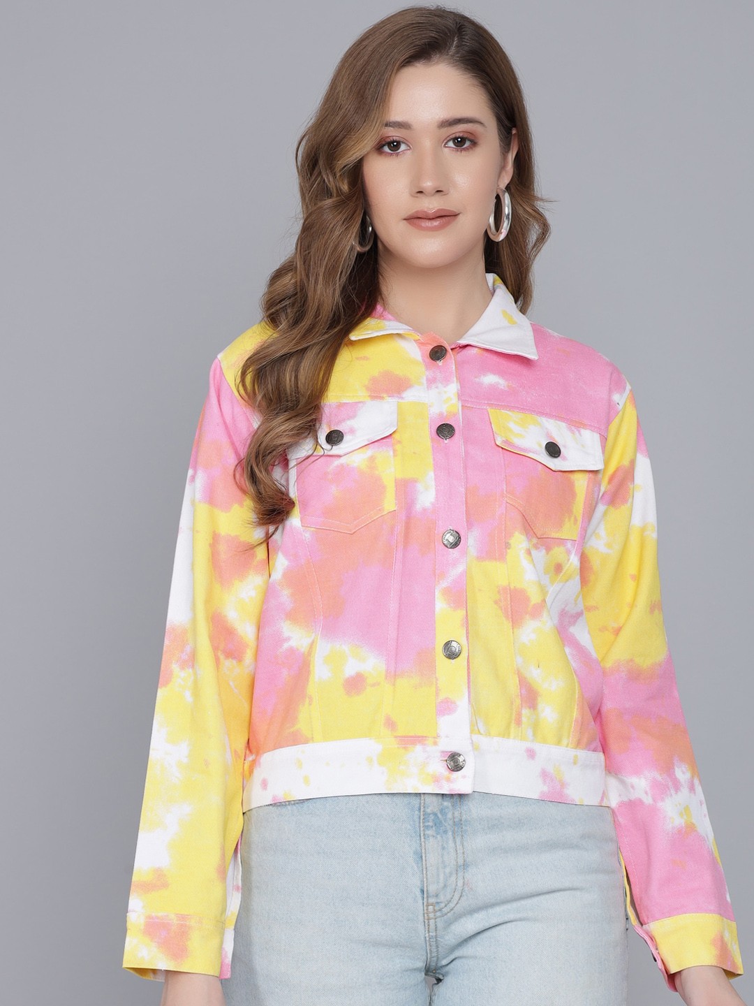 

Darzi Women Yellow & Pink Tie & Dye Printed Cotton Crop Denim Jacket