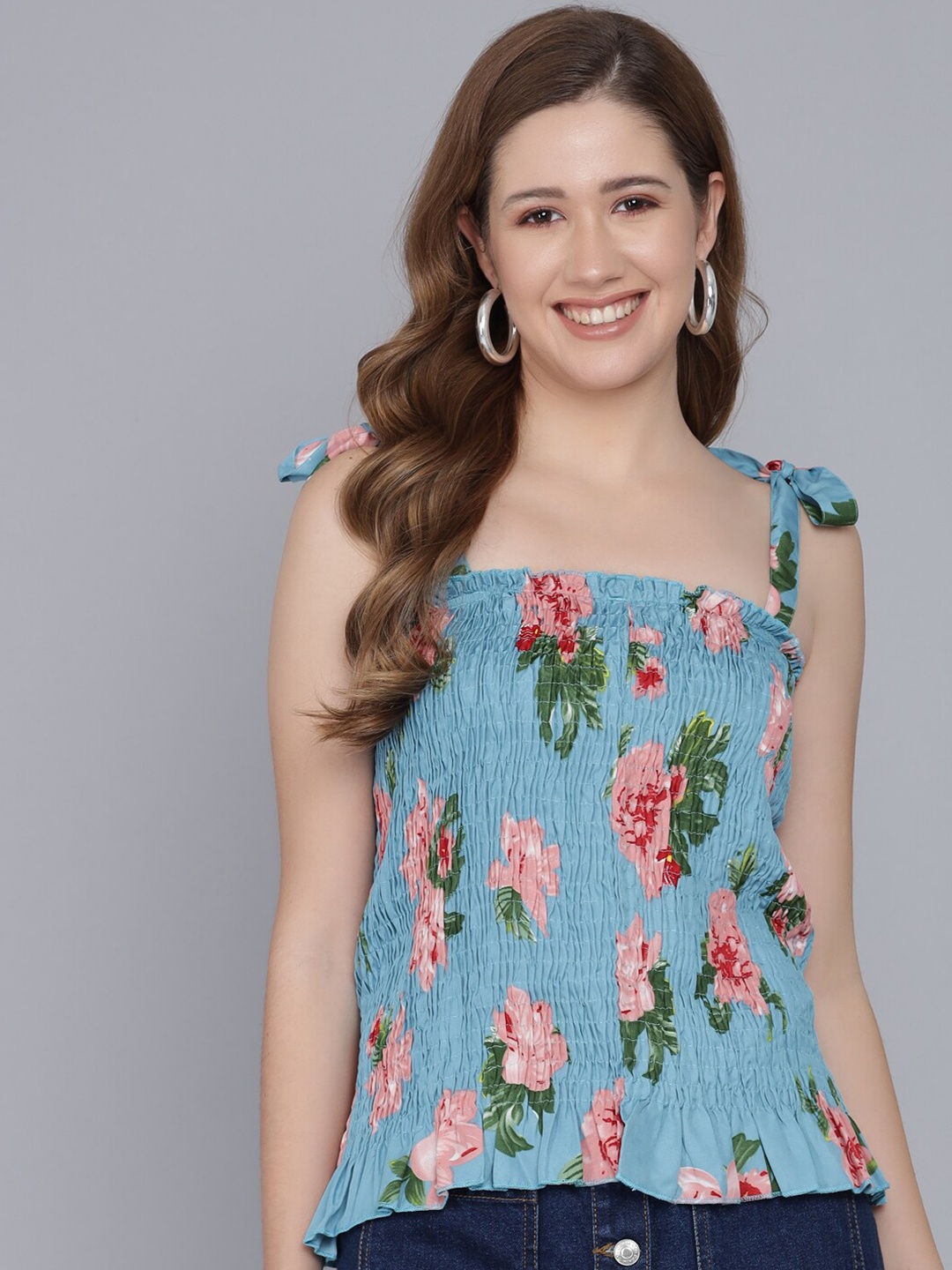 

Darzi Blue & Pink Floral Print Crepe Top