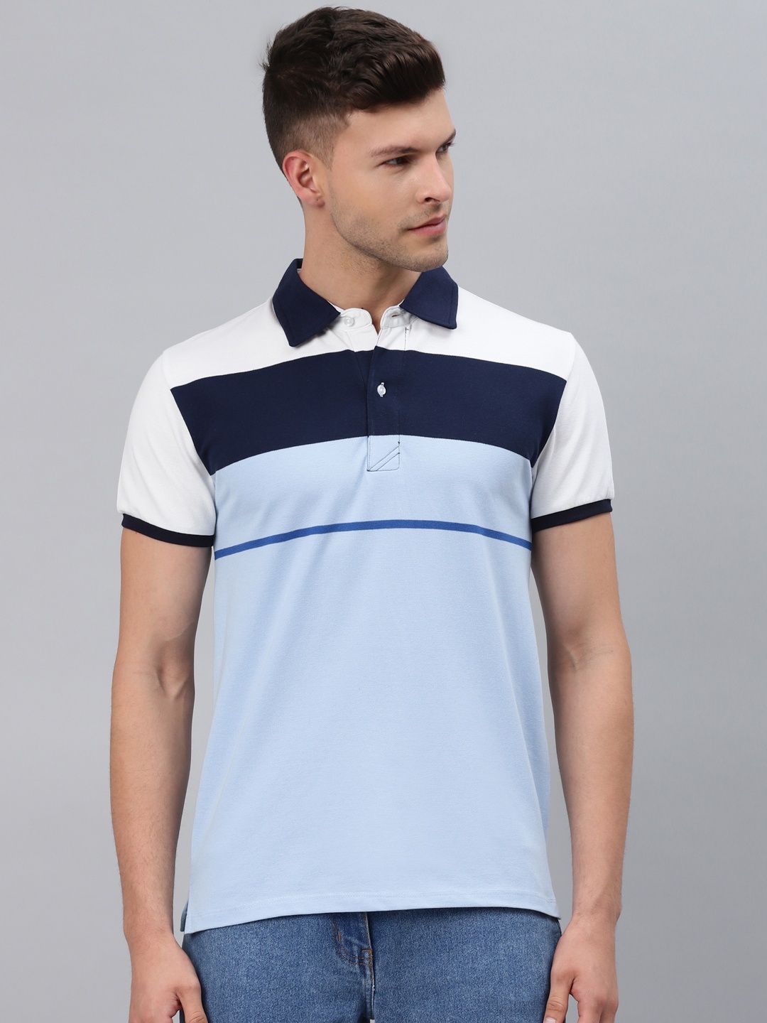 

Pierre Carlo Men Navy Blue & White Striped Polo Collar T-shirt