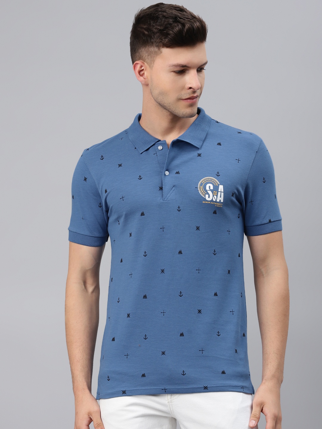 

Pierre Carlo Men Blue & Black Geometric Printed Polo Collar Applique T-shirt
